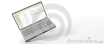 Email list on a computer laptop screen flying on white background, banner. 3d illustration Cartoon Illustration