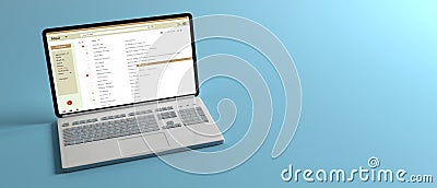 Email list on a computer laptop screen isolated on blue pastel background, banner. 3d illustration Cartoon Illustration