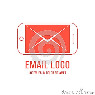 Email logotype with inverted red smartphone and letter Vector Illustration