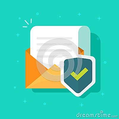 Email or mail protected and shield vector icon, flat cartoon open envelope document page secure protection concept, idea Vector Illustration