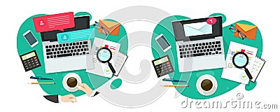 Email marketing audit of social media activity on laptop computer online vector, mail newsletter campaign analyzing research flat Vector Illustration