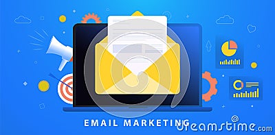 Email Marketing Campaign concept. Digital Outbound cold emails, spam or Inbound useful newsletter, interesting promotional Vector Illustration