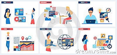 Email marketing campaign, social media research, website design, programming language set Vector Illustration