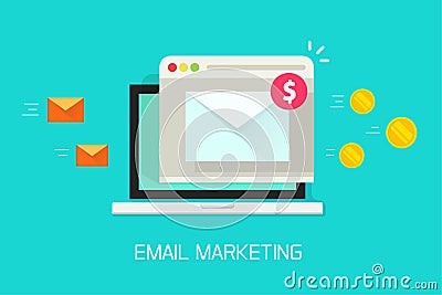 Email marketing campaign vector, flat laptop computer screen with browser window and newsletter conversion to money Vector Illustration