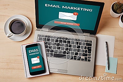 Email marketing concept on laptop and smartphone screen Stock Photo