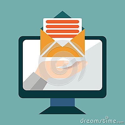 Email marketing conceptual, Hand from a monitor screen holding e-mail letter, Vector illustration. Vector Illustration