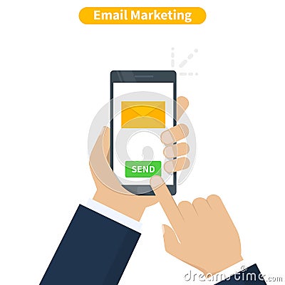 Email Marketing. Human hand holding the smartphone with e-mail application. Mobile phone, screen with new unread e-mail Vector Illustration