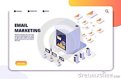 Email marketing isometric concept. Mail automation strategy. Email outbound campaign, message marketing vector landing Vector Illustration