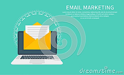 Email marketing, newsletter marketing, email subscription and drip campaign with icon. Flat design, vector illustration Vector Illustration