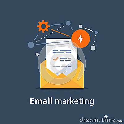 Newsletter concept, email marketing strategy, opened envelope, writing letter, summary news rss services Vector Illustration