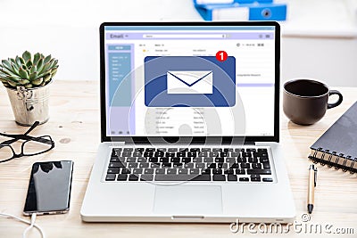 Email message inbox notification on laptop screen, business background Stock Photo