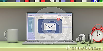 Email message inbox notification on laptop screen, home office background. 3d illustration Cartoon Illustration