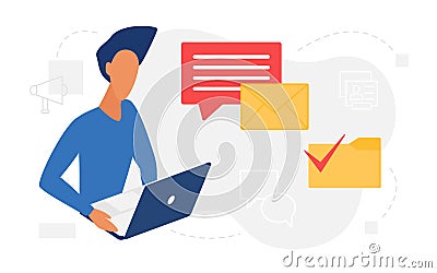 Email message, mail letter notification concept with man reading incoming sms online Vector Illustration