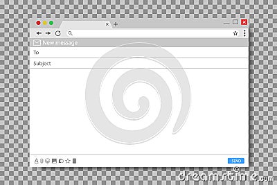 Email message template. Mockup blank mail screen window. Browser interface with with send form of mail box. Flat email page for Stock Photo