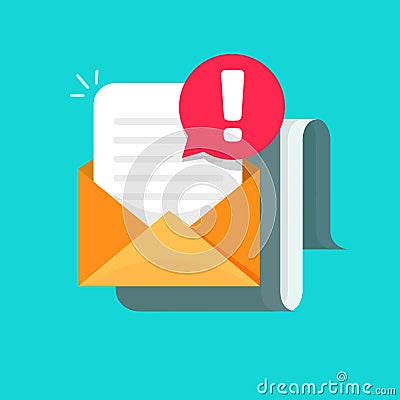 Email message with warning alert icon vector illustration, flat cartoon envelope mail with document and exclamation Vector Illustration