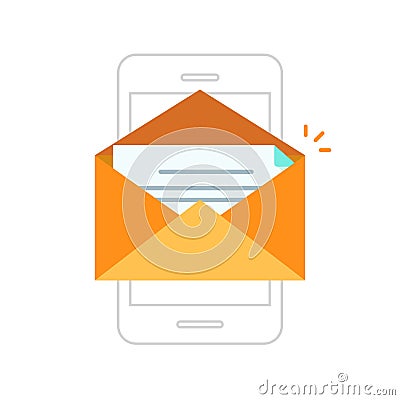 Email notification mobile phone, envelope with new message on smartphone Vector Illustration