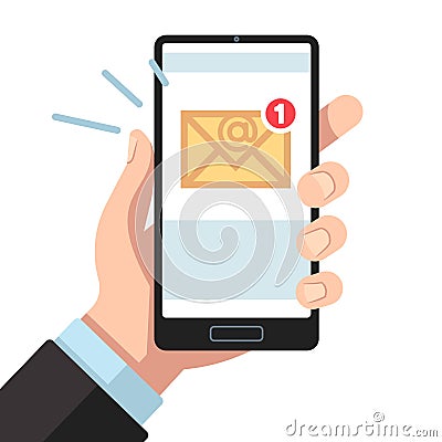 Email notification on smartphone in hand. Inbox unread mail, new emails message. Sending letters receive mobile mailings Vector Illustration