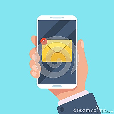 Email notification on smartphone in hand. New mail message in inbox, mailing letters or reading sms on mobile phone Vector Illustration