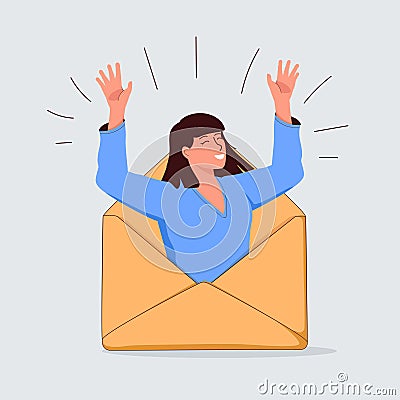 Email search, open new mail envelope. The cute cartoon woman checks the email, opened the envelope, and celebrating. Vector Illustration