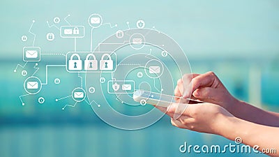Email Security Theme with person holding a smartphone Stock Photo