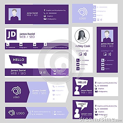 Email signature template. Office business visit cards for webmail user interface vector set Vector Illustration