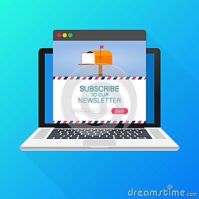 Email subscribe, online newsletter vector template with mailbox and submit button on laptop screen. Vector Illustration