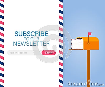 Email subscribe, online newsletter vector template with mailbox and submit button. Vector illustration. Vector Illustration