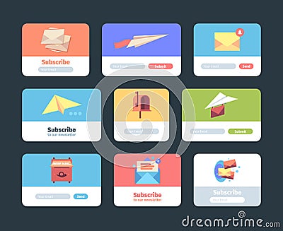 Email subscription forms. Web ui templates for newsletter sign form layout design for subscribers mailbox symbols garish Stock Photo