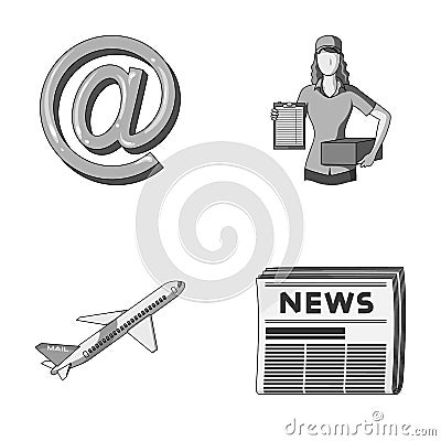 Email symbol, courier with parcel, postal airplane, pack of newspapers.Mail and postman set collection icons in Vector Illustration