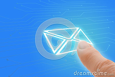 Email Touch Screen Finger Pointing to Envelope Ico Stock Photo