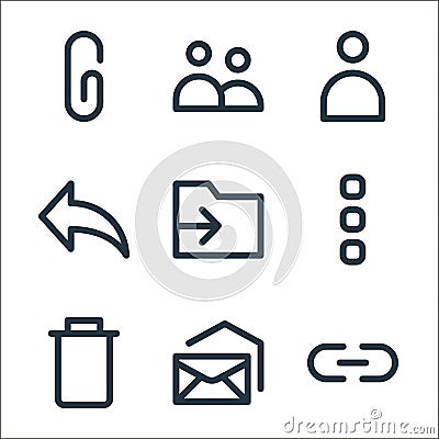email ui line icons. linear set. quality vector line set such as link, mails, delete, more, move, reply, contact, people Vector Illustration