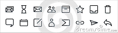 email ui line icons. linear set. quality vector line set such as reply, link, contact, chat, inbox, unread, archive, snooze Vector Illustration