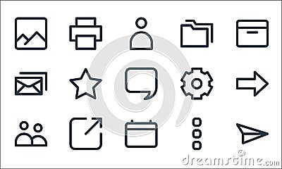 email ui line icons. linear set. quality vector line set such as send, calendar, people, more, new window, mails, setting, folders Vector Illustration