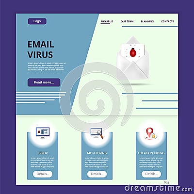 Email virus flat landing page website template. Error, monitoring, location hiding. Web banner with header, content and Vector Illustration