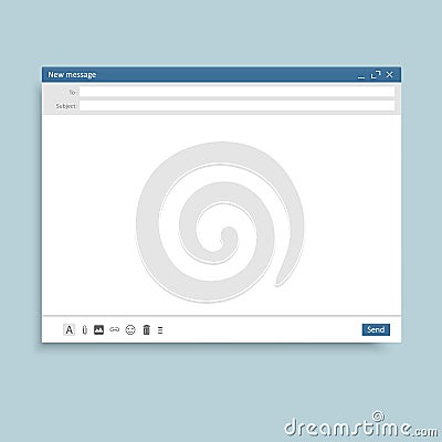 Email window interface template. Mail message interface blank website panel screen with send form. Vector Vector Illustration