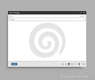 Email window interface template. Mail message interface blank website panel screen with send form. Vector Vector Illustration