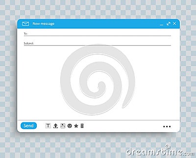 Email window interface template. Mail message interface blank website panel screen with send form. Vector Vector Illustration