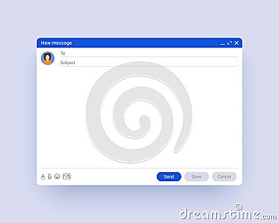 Email window template, new message interface mockup. Computer desktop screen of mail isolated. Abstract symbol of Vector Illustration