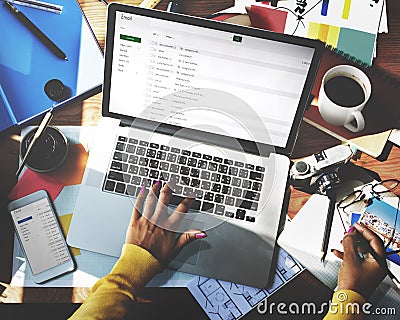 Email Working Work Station Using Laptop Technology Concept Stock Photo