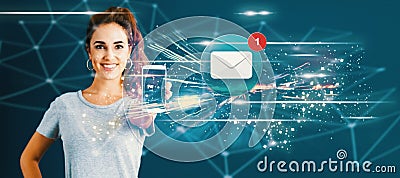 Email with young woman holding out a smartphone Stock Photo