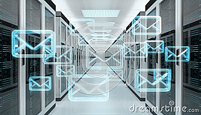 Emails exchange over server room data center 3D rendering Stock Photo