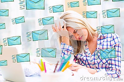 Emails with woman with crumpled paper balls Stock Photo