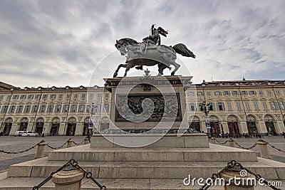 Emanuele Filiberto of Savoy's monument in San Carlo square in Torino, Italy Editorial Stock Photo