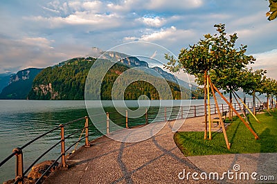 Embankment along the Lucerne Lake at the morning, Brunnen, Canton of Schwyz, Switzerland Stock Photo