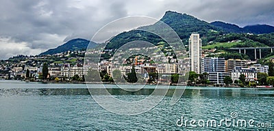 Embankment of Geneva Lake in Montreux, Swiss Riviera. Alps mountains on the background, Switzerland, Europe Stock Photo