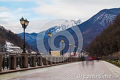 Embankment of Mzymta River, Krasnaya Polyana, Sochi, Russia Stock Photo