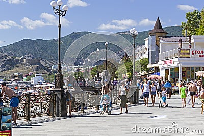 Embankment of the resort town in Crimea in the middle of a sunny Editorial Stock Photo