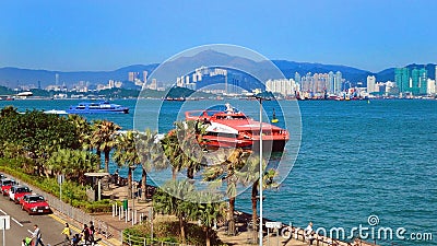 Embankment and wharf from the sea side of Victoria Harbour. Editorial Stock Photo