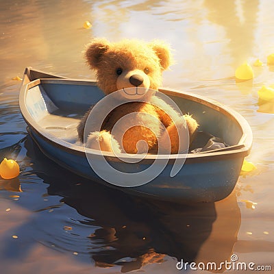 Adventures Afloat: Cute Teddy Bear Sets Sail in Tiny Boat Stock Photo