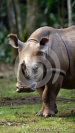 Unveiling the Fierce Majesty The Sumatran Rhino's Untamed Spirit Stock Photo